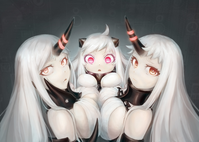 3girls ahoge bare_shoulders breasts detached_sleeves dr.beeeee dress horn horns kantai_collection large_breasts long_hair looking_at_viewer mittens multiple_girls northern_ocean_hime open_mouth pale_skin red_eyes ribbed_dress seaport_hime seaport_water_oni shinkaisei-kan short_dress very_long_hair white_dress white_hair white_skin