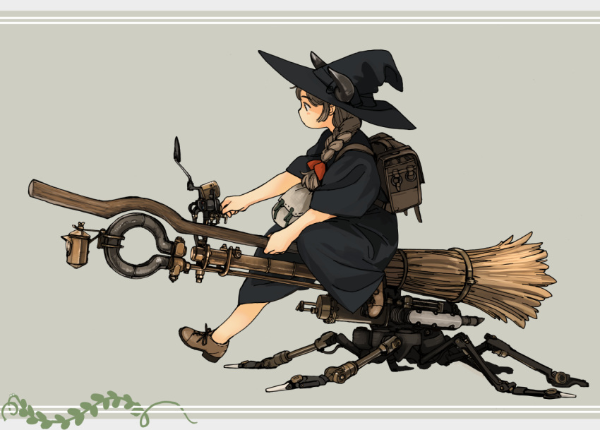 1girl akai_sashimi backpack bag braid broom broom_riding brown_hair grey_background hat horns lantern long_hair original profile simple_background single_braid solo steampunk witch witch_hat