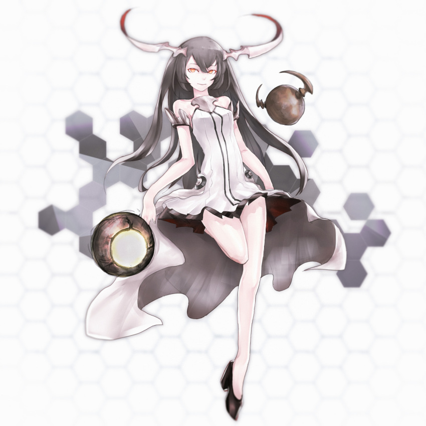 1girl anchorage_water_oni bare_shoulders black_hair black_shoes black_skirt dress gradient_hair highres honeycomb_background horns k1hu kantai_collection long_hair looking_at_viewer multicolored_hair orange_eyes overskirt pale_skin pleated_skirt red_eyes shinkaisei-kan shoes skirt solo white_background white_dress white_skin