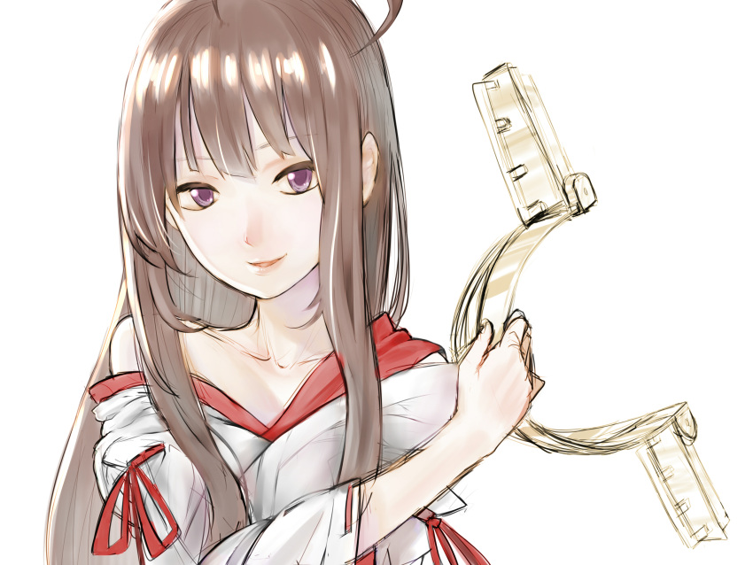 1girl absurdres ahoge baffu brown_hair collarbone double_bun hairband hairband_removed highres holding kantai_collection kongou_(kantai_collection) long_hair looking_at_viewer nontraditional_miko off_shoulder parted_lips ribbon-trimmed_sleeves ribbon_trim simple_background sketch smile solo upper_body violet_eyes white_background
