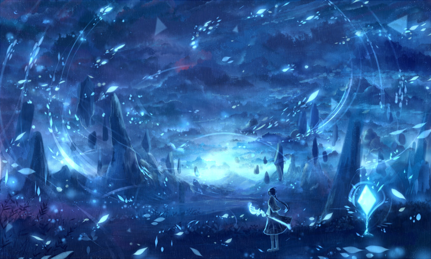1girl blue bou_nin bow capelet clouds cloudy_sky commentary dress fantasy floating_rock glowing hair_bow landscape light light_particles long_hair low_ponytail mountain original ponytail scenery sky solo staff star_(sky) sunrise wind