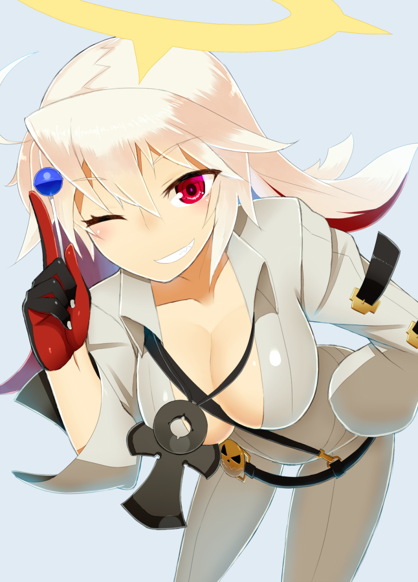 1girl ankh arc_system_works belt blonde_hair bodysuit breasts candy cleavage close-up from_behind gloves guilty_gear guilty_gear_xrd highres jack-o_(guilty_gear) kuroshiro_(ms-2420) lollipop long_hair one_eye_closed platinum_blonde pov_ass red_eyes red_gloves shiny shiny_clothes simple_background skin_tight solo standing thigh_gap tight_pants white_background