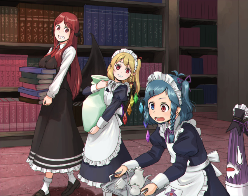 3girls :d :o alternate_costume alternate_hairstyle alternate_headwear apron bat_wings blonde_hair blue_eyes blue_hair book book_stack bookshelf bow braid breast_rest breasts carrying clenched_teeth commentary_request crystal cup demon_girl demon_wings dress enmaided flandre_scarlet grin hair_bow hair_ornament head_wings heterochromia holding holding_book karakasa_obake kitano_(kitanosnowwhite) koakuma long_hair long_sleeves looking_at_another looking_at_viewer low_wings maid maid_headdress multiple_girls necktie open_mouth pointy_ears puffy_sleeves red_eyes redhead revision shirt short_hair side_braid side_ponytail single_braid skirt skirt_set smile socks sweatdrop tatara_kogasa teacup teapot touhou tray umbrella vase vest white_legwear wings