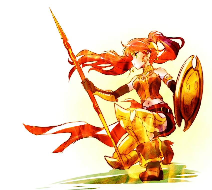 1girl armlet bare_shoulders belt black_gloves boots breastplate elbow_gloves forehead_protector gloves gorget greaves green_eyes helpyourselfish high_heel_boots high_heels highres long_hair midriff one_knee polearm ponytail pyrrha_nikos redhead rwby sarong shield skirt solo spear vambraces weapon wind