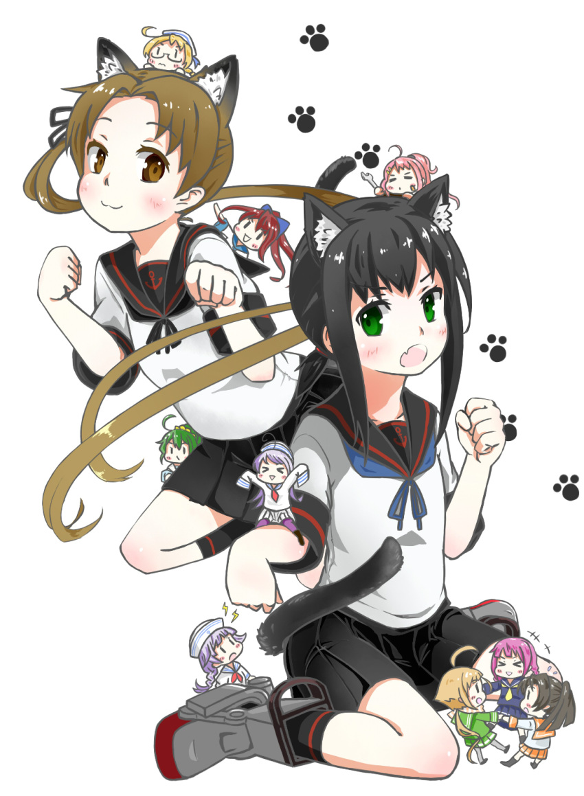 &gt;_&lt; +++ 6+girls :3 =_= ahoge anchor_symbol animal_ears ayanami_(kantai_collection) black_hair black_skirt blonde_hair blue_bow blue_skirt bow brown_eyes cat_ears cat_tail commentary_request fairy_(kantai_collection) fang fubuki_(kantai_collection) green_eyes green_hair green_skirt hair_bow hair_ornament hairclip hat high_ponytail highres kantai_collection kemonomimi_mode kneehighs multiple_girls neckerchief open_mouth orange_skirt pleated_skirt ponytail redhead remodel_(kantai_collection) school_uniform serafuku short_hair short_sleeves simple_background skirt sleeves_past_wrists tail white_background white_skirt wrench