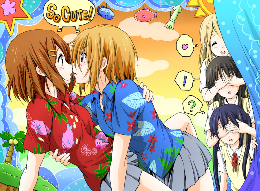 5girls akiyama_mio brown_eyes brown_hair covering_eyes dresstrip english eye_contact hawaiian_shirt hirasawa_yui k-on! kotobuki_tsumugi looking_at_another multiple_girls nakano_azusa school_uniform shirt short_hair tainaka_ritsu yuri