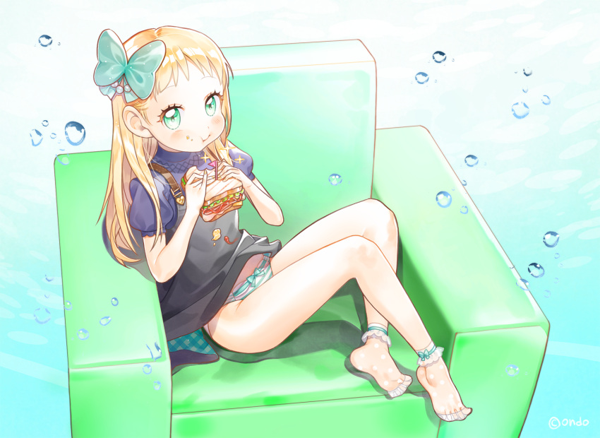 1girl blonde_hair blush bow bubble couch dress eating feet green_eyes hair_bow highres legs long_hair ondo_(shinm02) original panties puffy_sleeves sandwich see-through short_sleeves sitting socks soles solo sparkle spread_toes striped striped_panties underwear
