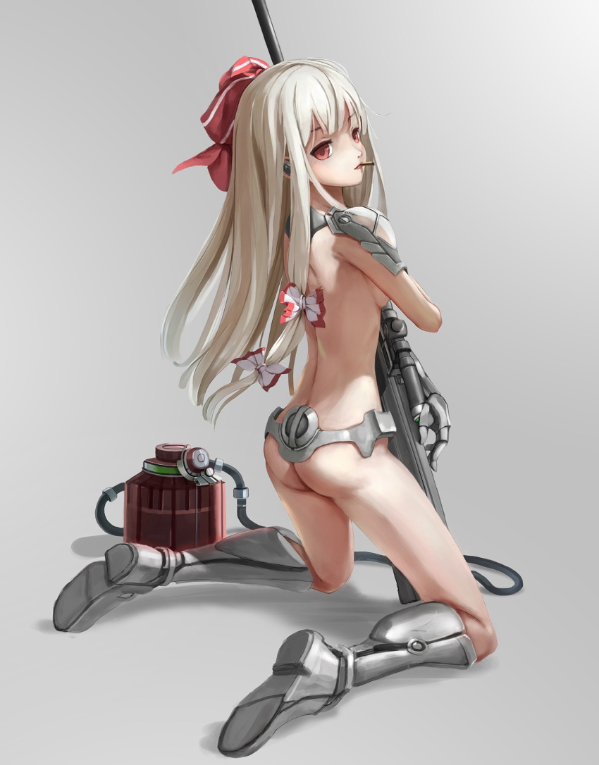 1girl ass back backlighting bangs beige_hair bionic bow bullet_in_mouth charger charging fujiwara_no_mokou grey_background gun hair_bow highres holding_gun kneeling long_hair looking_to_the_side metal_boots petite pupil_g red_eyes rifle science_fiction simple_background small_breasts solo thighs touhou weapon