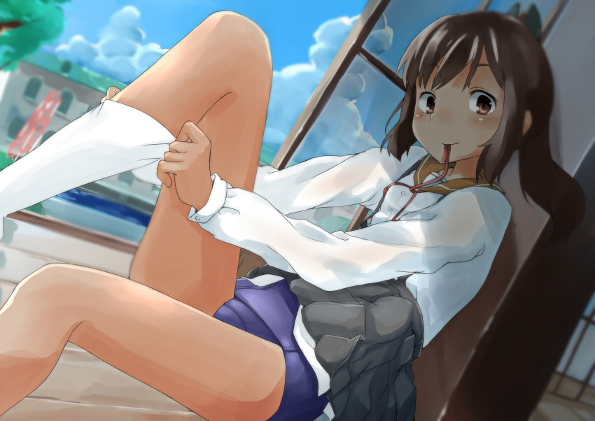 1girl adapted_costume blush brown_eyes brown_hair clouds dressing highres i-401_(kantai_collection) kantai_collection looking_at_viewer mouth_hold ponytail school_swimsuit sekiraame shade sitting skirt skirt_lift sky solo swimsuit swimsuit_under_clothes white_legwear windowsill
