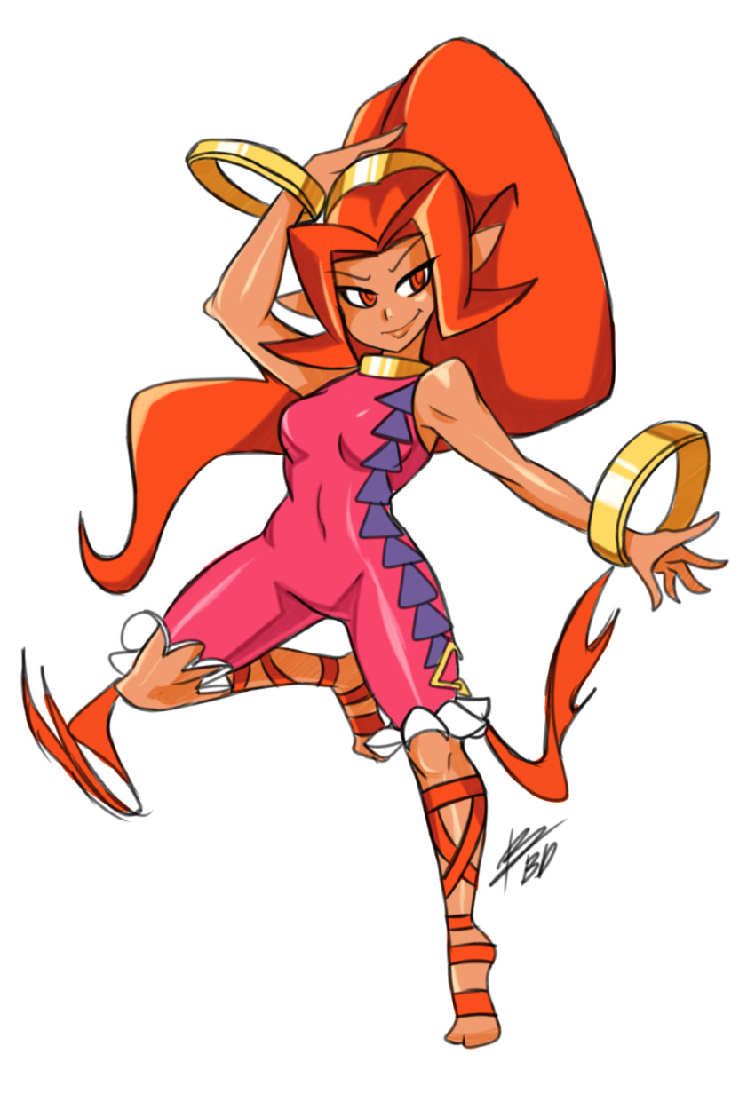 1girl bangle barefoot big_hair bigdead93 bracelet dancing din full_body highres jewelry long_hair neck_ring oracle_of_ages oracle_of_seasons orange_eyes orange_hair pointy_ears ribbon small_breasts solo the_legend_of_zelda unitard very_long_hair