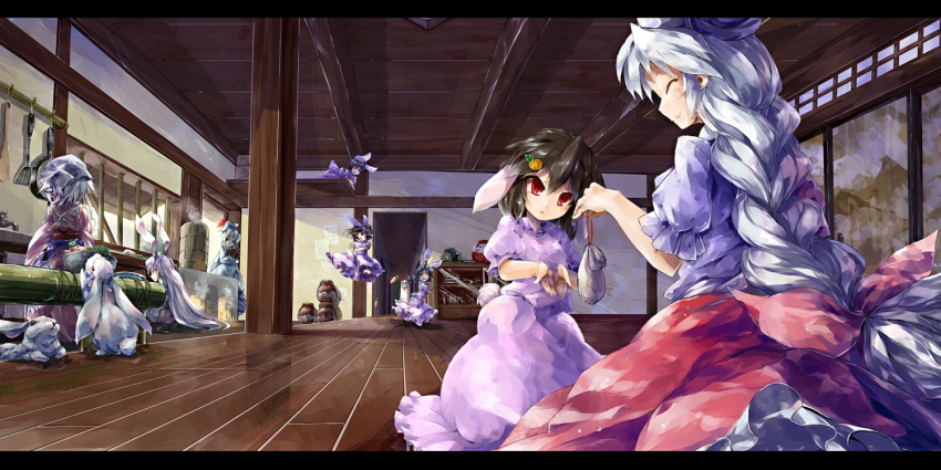 6+girls animal_ears bamboo blue_dress blue_hair bow bowl braid brown_hair bunny_tail carrot closed_eyes commentary_request drawing dress ears_down floating frilled_dress frills from_behind glass hair_bow hair_ornament hallway hat head_scarf height_difference holding inaba inaba_tewi japanese_clothes kamishirasawa_keine kimono kitchen kneeling letterboxed looking_at_another looking_down looking_to_the_side multicolored_dress multiple_girls murachiki mystia_lorelei obi okamisty open_hands pink_dress pot puffy_short_sleeves puffy_sleeves purple_hair rabbit rabbit_ears red_dress red_eyes reisen_udongein_inaba running sash shadow short_hair short_sleeves silver_hair single_braid sink smile smoke steam stove sunlight tail touhou vegetable wooden_floor yagokoro_eirin