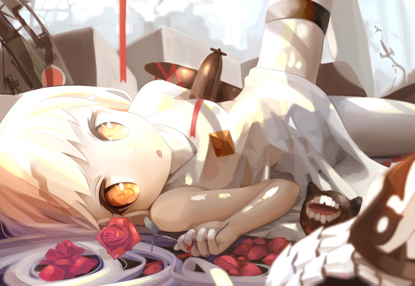 2girls airplane claws dress flower highres horns kantai_collection long_hair looking_at_viewer looking_to_the_side lying mittens multiple_girls nasubi_(fian0202) northern_ocean_hime open_mouth orange_eyes pale_skin petals rose seaport_hime shinkaisei-kan short_dress solo_focus white_dress white_hair