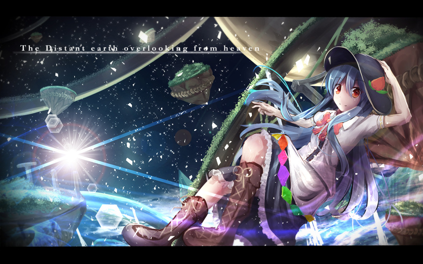 1girl arch backlighting bangs blue_hair blue_skirt boots bow clouds earth english engrish floating food fruit grass hat hinanawi_tenshi holding holding_hat kagayan1096 keystone knee_boots lens_flare letterboxed light_particles light_rays light_trail long_hair looking_at_viewer moon peach pillar ranguage red_eyes rope shimenawa short_sleeves skirt smile solo space sun sunlight touhou