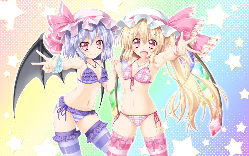 2girls absurdres alternate_costume bat_wings bikini blonde_hair blush bow bracelet breasts cleavage fang fang_out flandre_scarlet frilled_bikini frilled_thighighs frills front-tie_top hat highres holding_hands huge_filesize interlocked_fingers jewelry kamiya_tomoe long_hair looking_at_viewer multiple_girls navel necklace open_mouth outstretched_hand pink_bikini pink_legwear plaid plaid_bikini purple_bikini purple_legwear red_eyes siblings side-tie_bikini side_ponytail silver_hair sisters small_breasts smile star striped striped_bikini striped_legwear striped_swimsuit swimsuit thigh-highs touhou v wings