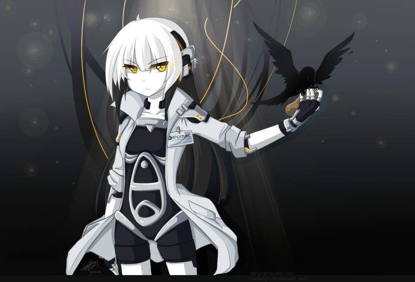 &gt;:( 1girl bird black_hair crow epaulettes expressionless fingerless_gloves frown glados gloves glowing glowing_eyes highres labcoat long_hair looking_at_viewer mecha_musume multicolored_hair pale_skin personification portal portal_2 potato sandragh serious shorts solo two-tone_hair very_long_hair white_hair wire yellow_eyes