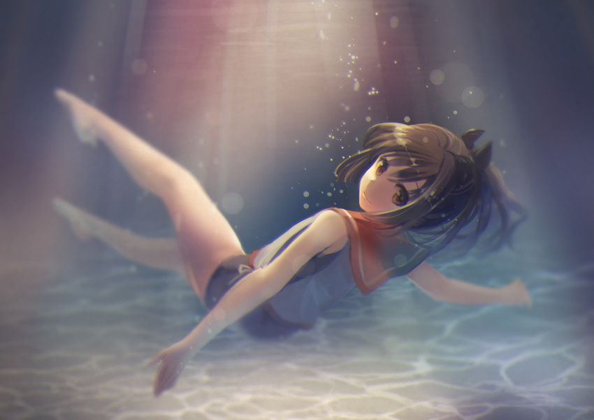 1girl air_bubble bare_legs barefoot brown_eyes brown_hair caustics from_behind full_body hair_ribbon i-401_(kantai_collection) kantai_collection looking_at_viewer looking_back naruse_chisato outstretched_arms ponytail ribbon sailor_collar school_swimsuit short_hair smile solo spread_arms swimsuit tan underwater