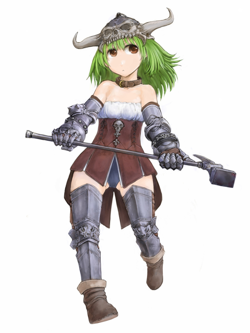 1girl armor cervus collar green_hair helmet highres horns mallet original short_hair weapon