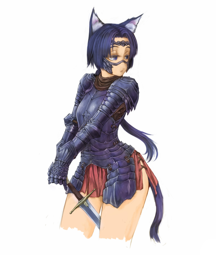 1girl animal_ears armor blue_eyes blue_hair cat_ears cat_tail cervus gauntlets highres original skirt sword tail weapon