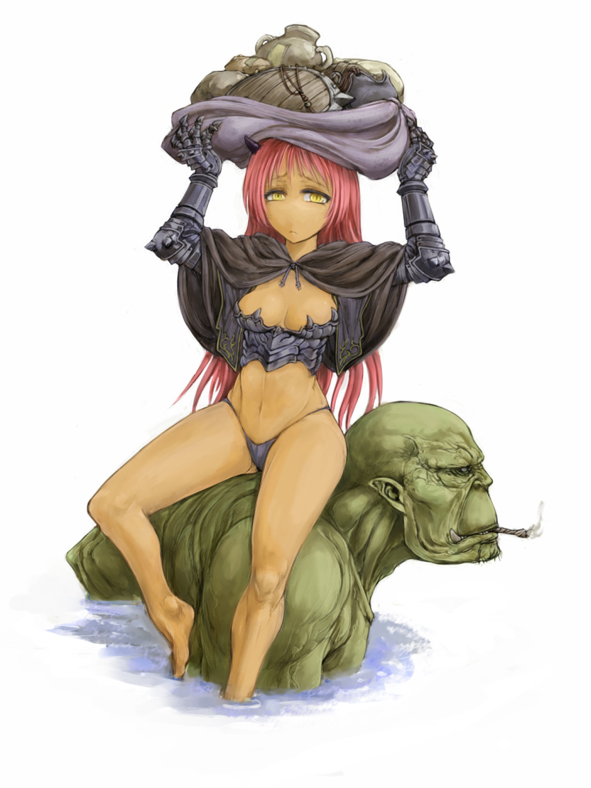 1boy 1girl armor capelet carrying_overhead cervus gauntlets green_skin highres horns long_hair orc original pot redhead shield sitting sitting_on_person smoking yellow_eyes