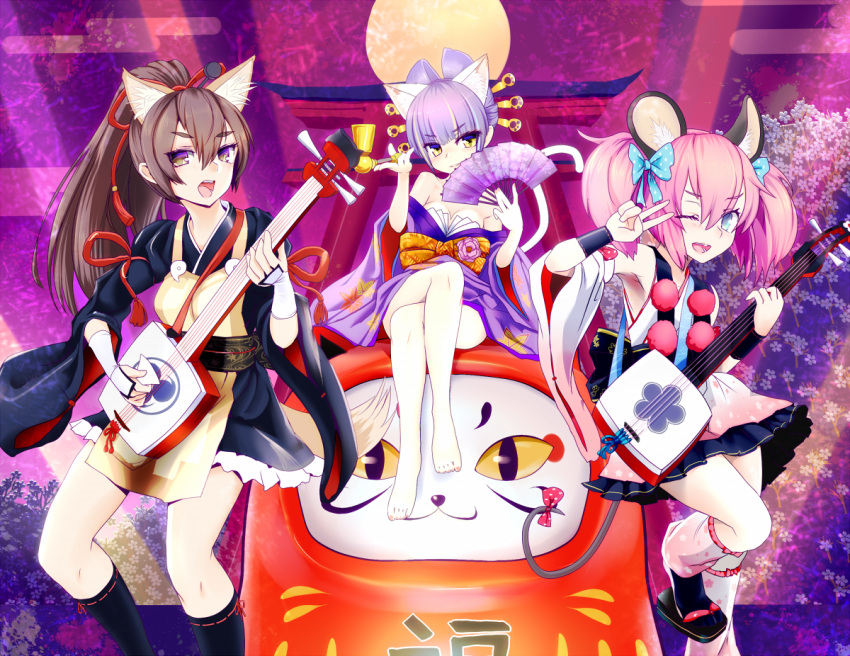 3girls a_(show_by_rock!!) animal_ears barefoot breasts cat_ears cat_tail cleavage daru_dayu daruma_doll detached_sleeves fox_ears instrument ishikkoro japanese_clothes kimono kimono_skirt kiseru leg_warmers long_hair looking_at_viewer multiple_girls off_shoulder pink_hair pipe ponytail purple_hair shamisen show_by_rock!! smile tail un_(show_by_rock!!) v yellow_eyes