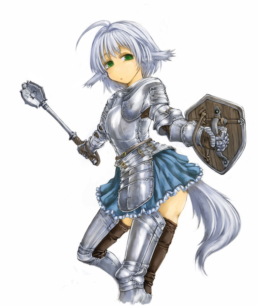 1girl ahoge animal_ears armor armored_dress cervus gauntlets green_eyes highres mace original shield short_hair solo tail weapon