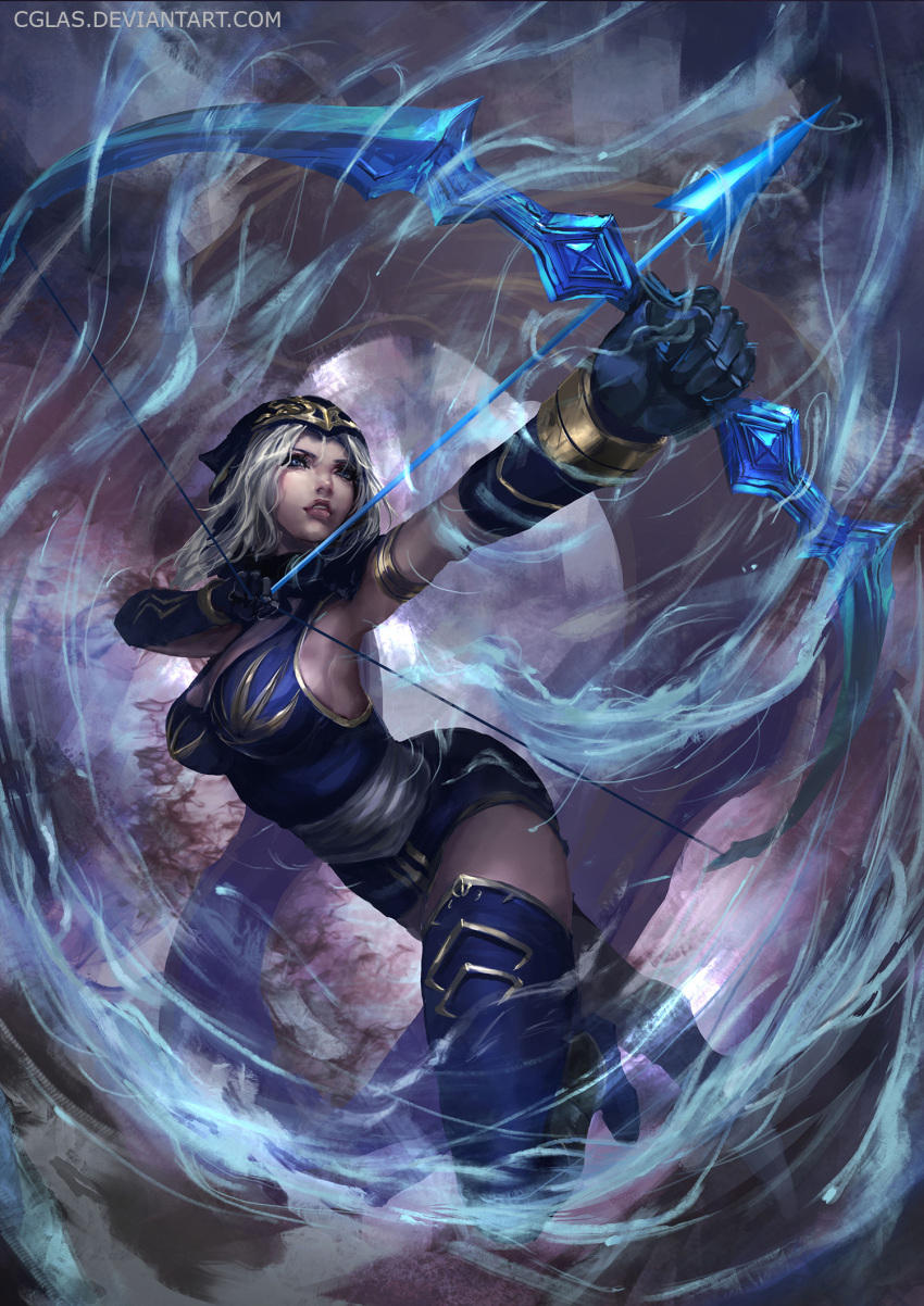 1girl armlet arrow ashe_(league_of_legends) blue_legwear bow bow_(weapon) cglas drawing_bow gloves highres hood league_of_legends long_hair solo thigh-highs watermark weapon web_address white_hair