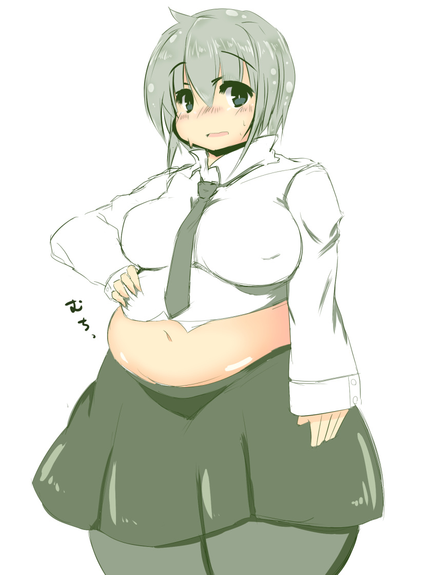 1girl belly big_belly black_eyes breasts collared_shirt fat highres long_sleeves looking_at_viewer miniskirt navel necktie nengorogoro original pantyhose shirt short_hair silver_hair skirt solo sweat tareme thick_thighs thighs undersized_clothes wide_hips