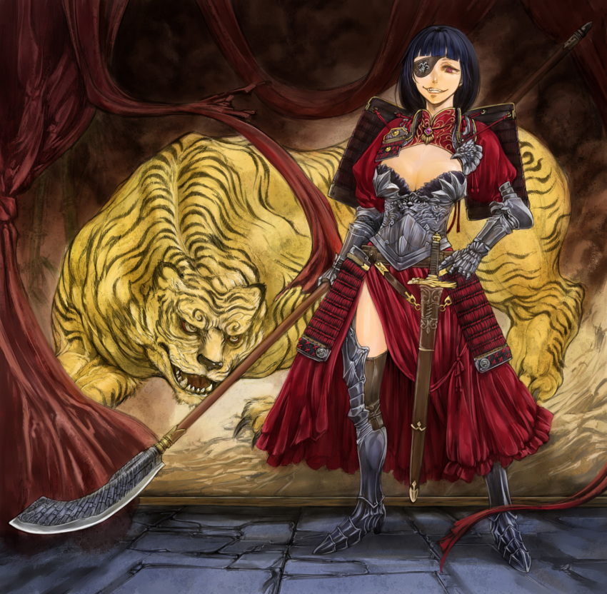 1girl armor armored_boots armored_dress black_hair cervus eyepatch grin highres original pink_eyes polearm smile sword thigh-highs tiger weapon