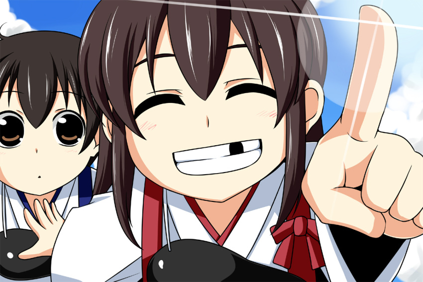 2girls :o akagi_(kantai_collection) blue_sky breastplate brown_eyes brown_hair closed_eyes clouds commentary face grin kaga_(kantai_collection) kantai_collection lens_flare missing_tooth multiple_girls muneate nishi_koutarou pointing sky smile tooth_gap upper_body