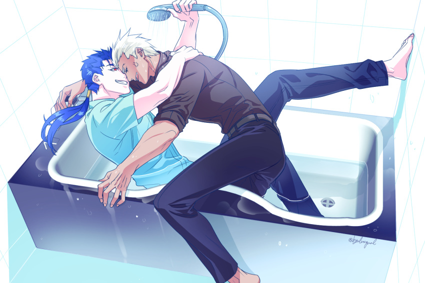 2boys anger_vein archer bathtub blue_hair byulrorqual casual fate/stay_night fate_(series) lancer multiple_boys ponytail shower_head white_hair yaoi