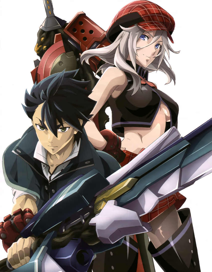 1boy 1girl absurdres alisa_ilinichina_amiella black_hair blue_eyes boots braclet breasts elbow_gloves face fingerless_gloves gloves god_eater god_eater_burst green_eyes hat high_resolution highres huge_weapon irl large_breasts long_hair looking_at_viewer midriff pantyhose plaid plaid_skirt player_(god_eater_burst) simple_background skirt smile sword thigh-highs thigh_boots under_boob utsugi_renka very_high_resolution weapon white_hair