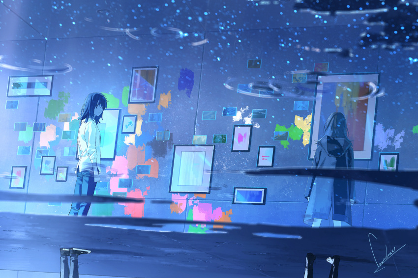 2girls black_eyes black_hair blue coat denim highres hooded_coat jeans light_reflection_(water) long_hair looking_at_viewer loundraw multiple_girls original paint painting_(object) pants puddle reflection short_hair signature tagme wall