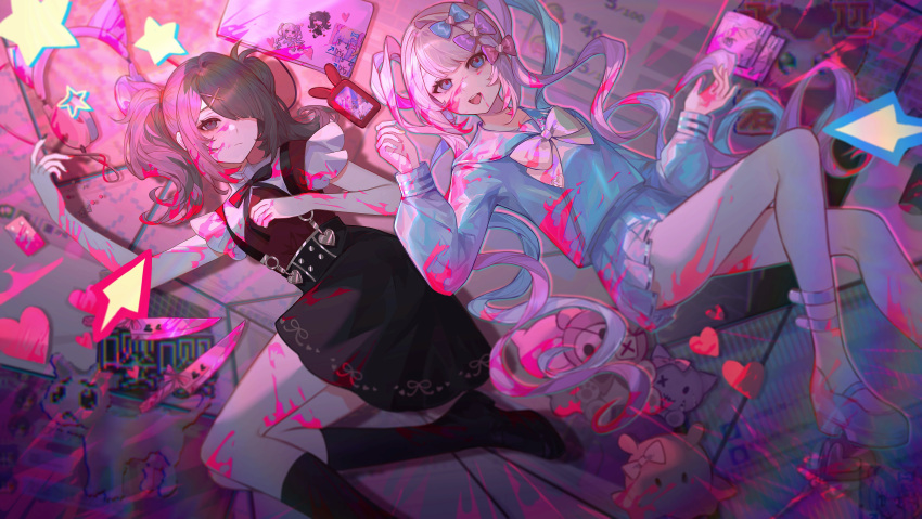 2girls :d absurdres ame-chan_(needy_girl_overdose) black_bow black_bowtie black_eyes black_footwear black_hair black_skirt blood blood_in_hair blood_on_arm blood_on_clothes blood_on_face blood_on_leg blue_bow blue_eyes blue_hair blue_nails blue_shirt boots bow bowtie cable cat_ear_headphones cellphone chinese_commentary chouzetsusaikawa_tenshi-chan closed_mouth collarbone collared_shirt commentary cursor emoji eyebrows_hidden_by_hair fingernails gameplay_mechanics hair_bow hair_ornament hair_over_one_eye hand_on_own_chest headphones heart heart_hair_ornament highres knee_boots knife long_sleeves looking_at_viewer mary_janes medium_hair multicolored_hair multiple_girls nail_polish needy_girl_overdose one_eye_covered open_mouth phone pink_bow pink_hair pink_nails pleading_face_emoji red_bow red_shirt shirt shoes short_sleeves skirt smartphone smile stuffed_toy teeth twintails upper_teeth white_bow white_bowtie white_footwear white_hair white_skirt yan_ge