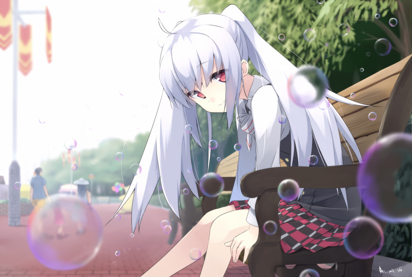 1girl ahoge bench blurry bubble depth_of_field highres isla_(plastic_memories) long_hair looking_at_viewer makadamixa plaid plaid_skirt plastic_memories red_eyes silver_hair sitting_on_bench skirt smile solo twintails