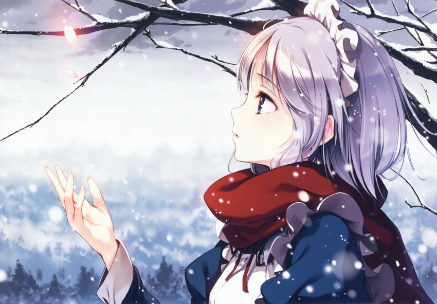 1girl absurdres blue_eyes from_side highres huge_filesize izayoi_sakuya ke-ta maid maid_headdress perfect_cherry_blossom petals profile red_scarf scan scarf silver_hair snow snowing solo touhou