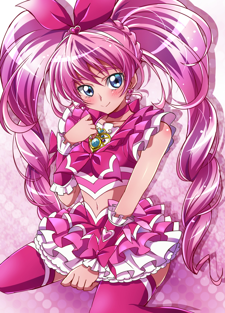 1girl absurdres blue_eyes bow brooch crop_top cure_melody earrings frilled_skirt frills hair_bow heart heart_earrings highres houjou_hibiki jewelry long_hair magical_girl pink pink_background pink_bow pink_hair pink_legwear pink_skirt precure sharumon sitting skirt smile solo suite_precure thigh-highs twintails wariza wrist_cuffs