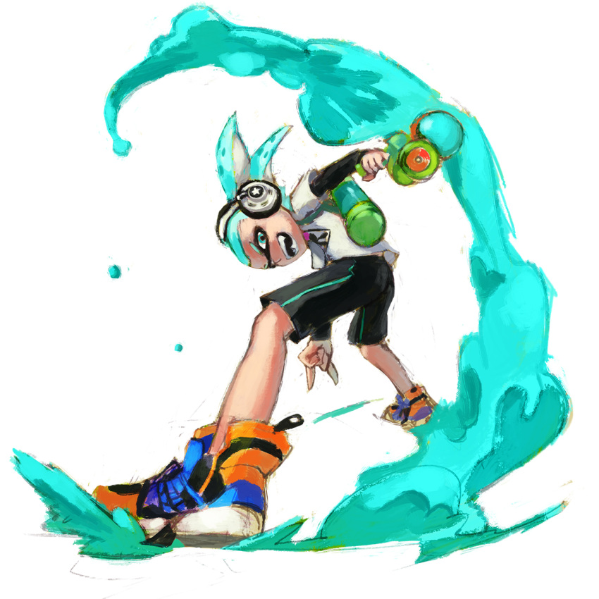 1boy \n/ aqua_eyes aqua_hair bike_shorts from_behind from_below full_body highres inkling male_focus paint_splatter quentin_lecuiller shoes short_twintails sneakers solo splatoon super_soaker tentacle_hair twintails