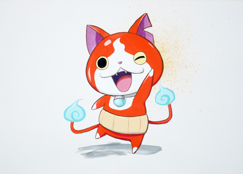 absurdres acrylic_paint_(medium) arm_up calligraphy_brush_(medium) cat fangs highres jibanyan looking_at_viewer making_of multiple_tails no_humans notched_ear one_eye_closed open_mouth solo tail tatsumasa traditional_media two_tails white_background youkai youkai_watch