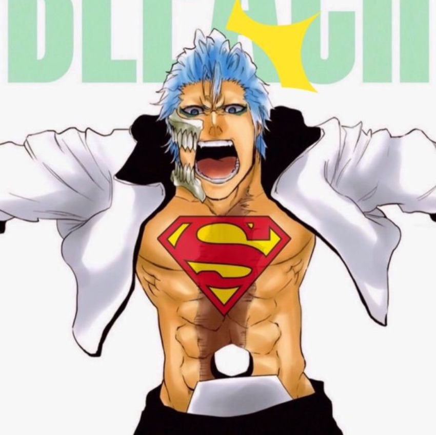 1boy abs belt bleach blue_eyes blue_hair crossover dc dc_comics grimmjow jacket jaw logo male muscles shocked solo superman