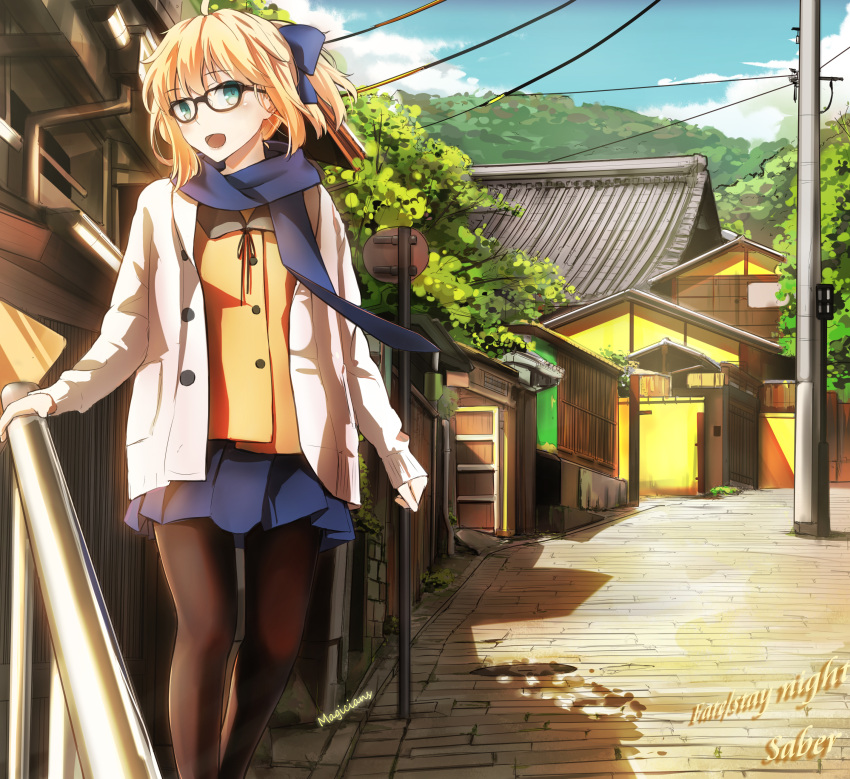 absurdres blonde_hair bow buttons fate/stay_night fate_(series) glasses green_eyes hair_bow highres jacket landscape magicians_(zhkahogigzkh) pantyhose saber scarf short_hair skirt tree