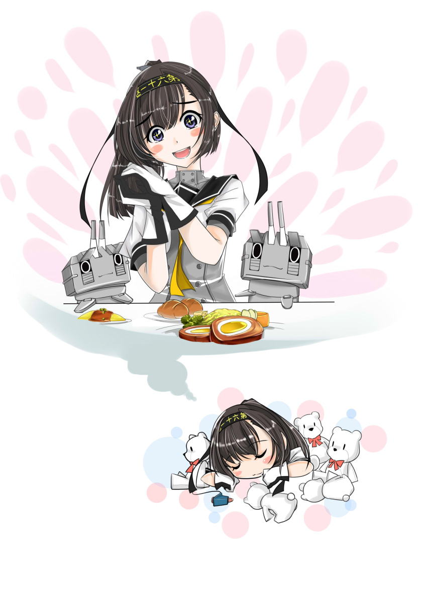 1girl absurdres ahoge akizuki_(kantai_collection) black_hair blue_eyes blush_stickers chou-10cm-hou-chan closed_eyes corset dreaming food gesture gloves hachimaki hair_ornament headband highres kantai_collection long_hair looking_at_viewer machinery neckerchief open_mouth ponytail sailor_collar school_uniform serafuku short_sleeves simple_background sleeping smile solo star star-shaped_pupils stuffed_animal stuffed_toy symbol-shaped_pupils tearing_up teddy_bear thought_bubble upper_body white_background yeongming