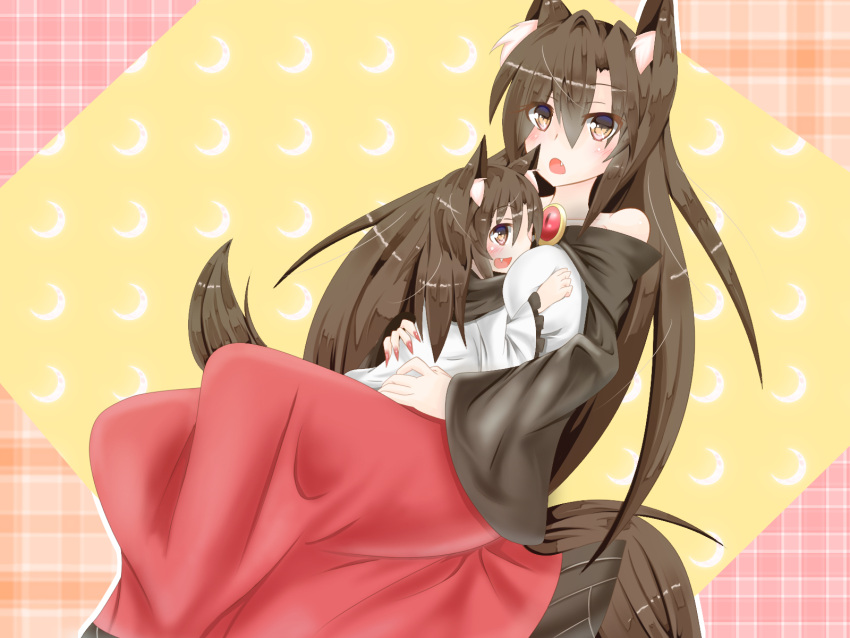 2girls animal_ears blush breasts brooch brown_hair collarbone dress embarrassed fang fingernails head_on_chest highres imaizumi_kagerou jewelry large_breasts long_fingernails long_hair long_sleeves looking_at_viewer multiple_girls nail_polish open_mouth tagme tail touhou wolf_ears wolf_tail yellow_eyes
