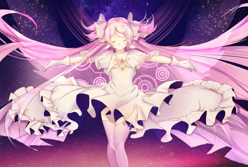 1girl bow cangchen closed_eyes dress gloves goddess_madoka hair_bow hair_ribbon highres kaname_madoka long_hair mahou_shoujo_madoka_magica outstretched_arms pink_hair ribbon sky solo space spoilers star_(sky) starry_sky thigh-highs two_side_up
