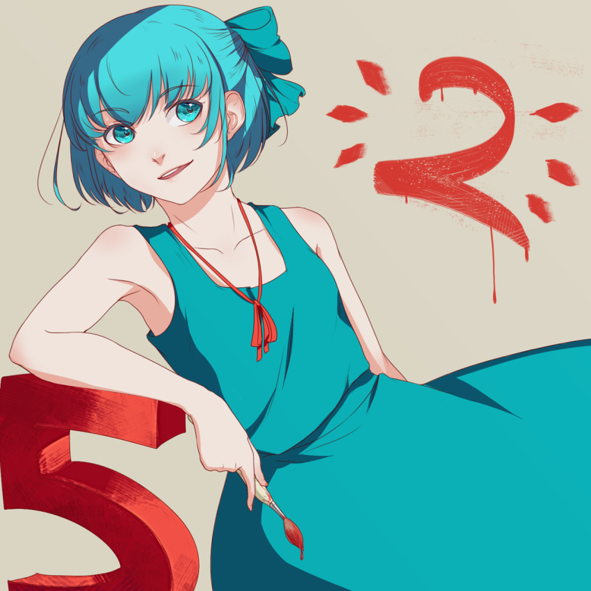 1girl alternate_costume blue_dress blue_eyes blue_hair cirno collarbone dress hair_ornament hair_ribbon highres katorius looking_to_the_side no_wings open_mouth paintbrush ribbon short_hair simple_background sleeveless smirk solo touhou