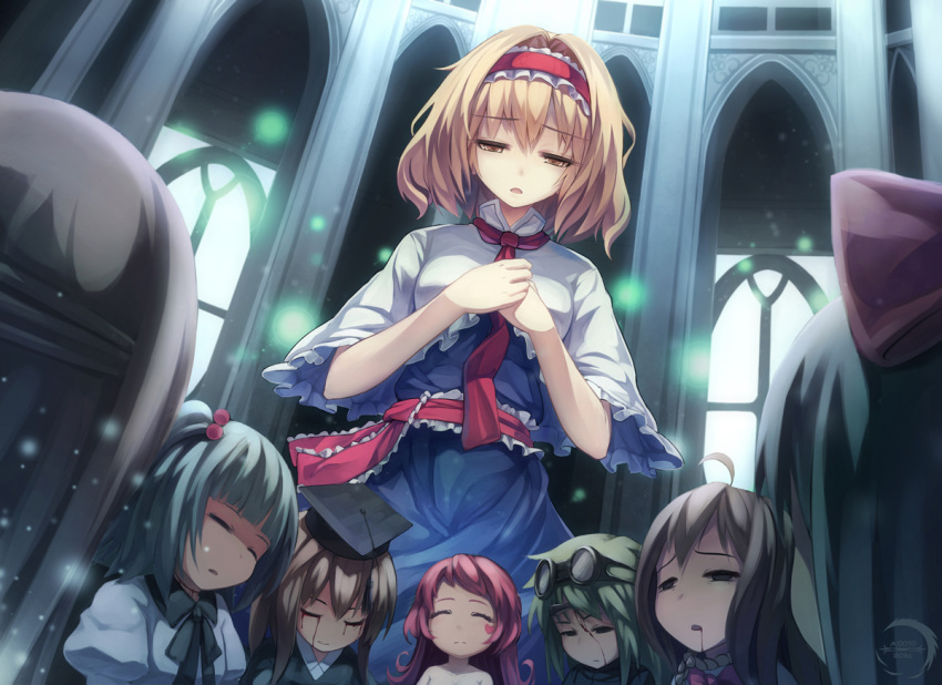 6+girls alice_margatroid arcade blonde_hair blood blood_on_face bloody_tears blue_dress bow brown_hair capelet child closed_eyes dress goggles goggles_on_head green_hair grey_eyes hair_bobbles hair_bow hair_ornament hairband half-closed_eyes hands_on_own_chest hat juliet_sleeves lolita_hairband long_sleeves multiple_girls open_mouth pink_hair puffy_sleeves sash shaded_face touhou xiaoyin_li yellow_eyes