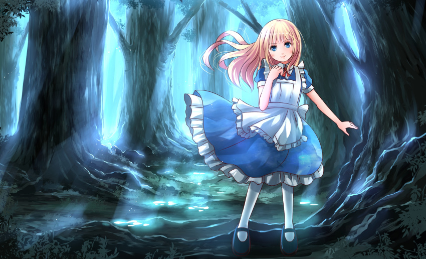 1girl alice_(wonderland) alice_in_wonderland apron blonde_hair blue_eyes dappled_sunlight forest highres long_hair looking_at_viewer maid_apron nature original puffy_sleeves risutaru smile solo