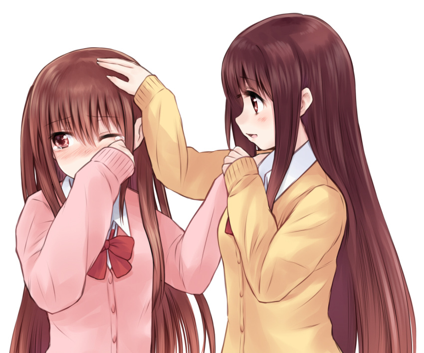 atarashi_ako blush brown_hair cardigan hair_down hand_on_another's_head long_hair matsumi_kuro multiple_girls red_eyes saki saki_achiga-hen smile suzushiro_yukari tears wiping_tears