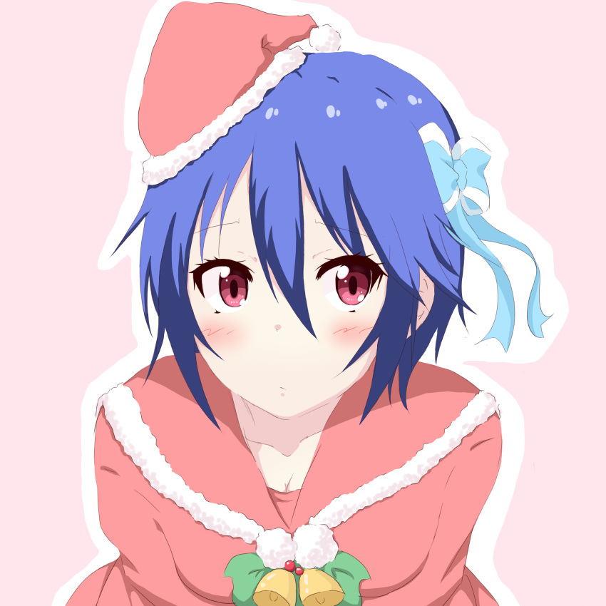 1girl absurdres bell blue_hair blush bow hair_bow hair_ribbon hat highres leaning_forward looking_at_viewer mistletoe nisekoi red_eyes ribbon santa_costume santa_hat solo tsugumi_seishirou