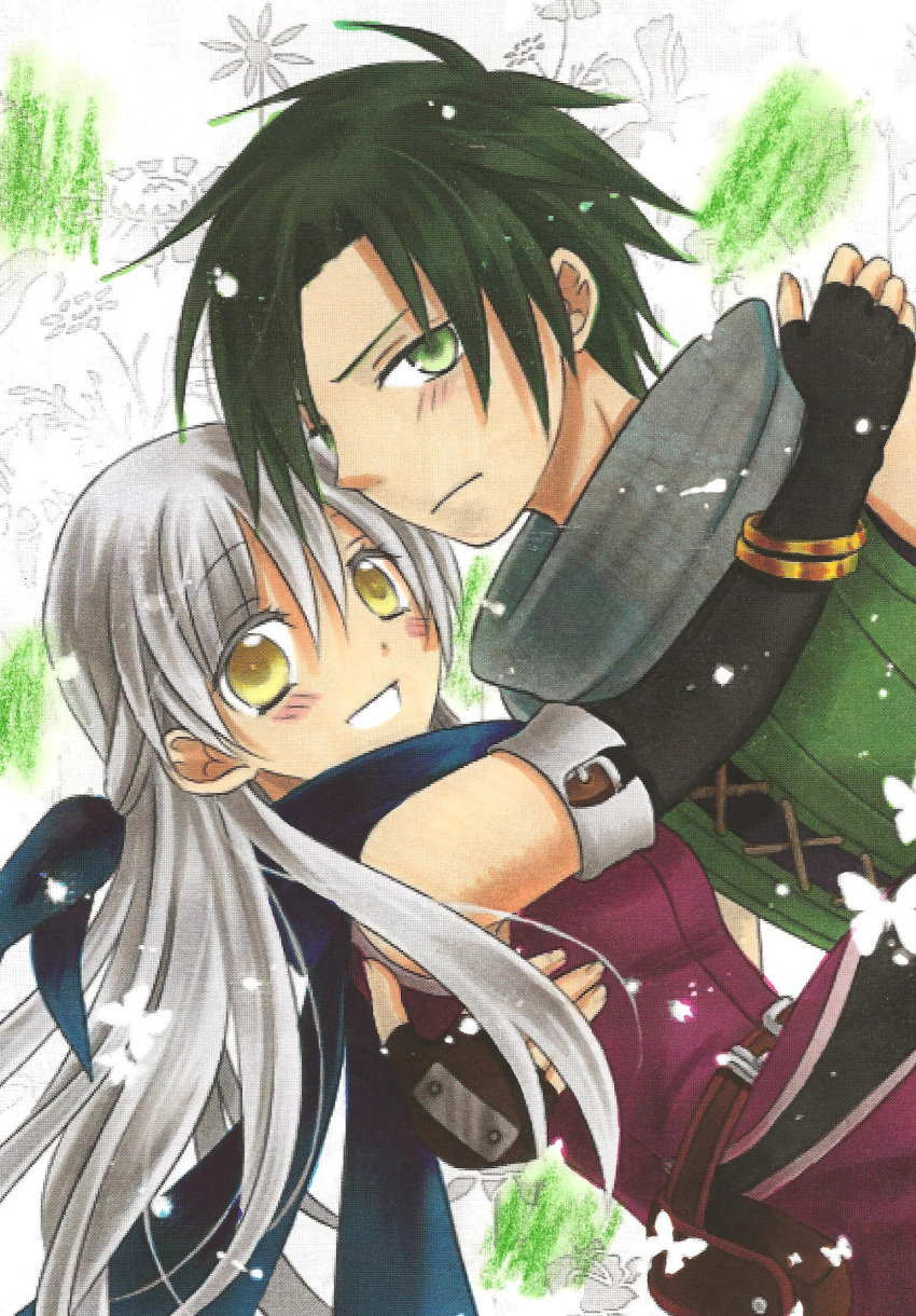 1boy 1girl :d bare_shoulders black_gloves blue_scarf blush blush_stickers bracelet carrying claire_roses elbow_gloves fingerless_gloves fire_emblem fire_emblem:_akatsuki_no_megami gloves green_eyes green_hair highres jewelry long_hair micaiah open_mouth pixel_art scarf serious silver_hair sleeveless smile sothe yellow_eyes