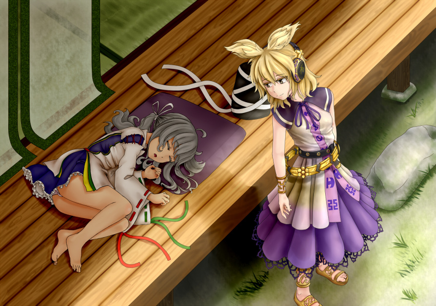 2girls bare_legs barefoot belt blonde_hair bracelet detached_sleeves dress fetal_position from_above fuwatoro_(enemy-of-society) grass hat hat_removed headphones headwear_removed japanese_clothes jewelry kariginu leaning_over long_hair looking_at_another looking_back lying mononobe_no_futo multiple_girls on_side pillow ponytail ribbon-trimmed_sleeves ribbon_trim sandals short_hair silver_hair sleeping sleeveless sleeveless_dress smile tatami tate_eboshi touhou toyosatomimi_no_miko veranda